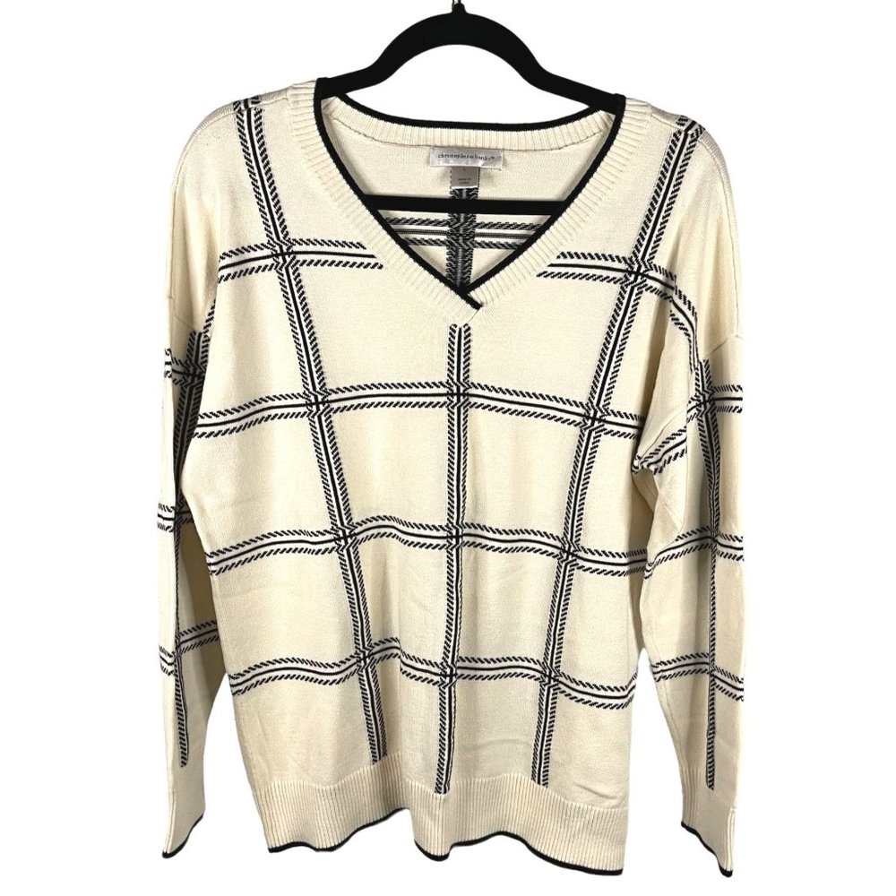 CJ Banks Womens Size L Cotton Sweater Grid Print Classic V Neck Checker Plaid